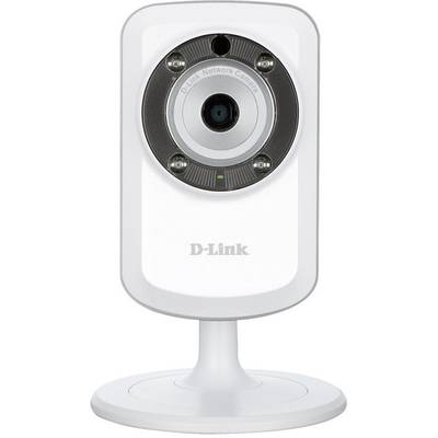 Eine Überwachungskamera von D-Link mit Standfuß, geeignet für Innenbereiche, zeigt das Objektiv und Sensoren auf der Vorderseite.