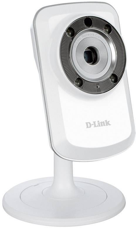 Eine weiße Sicherheitskamera von D-Link steht auf einem runden Sockel. Sie hat eine Linse in der Mitte und ist leicht nach vorne gekippt.
