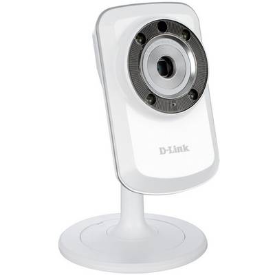 Eine weiße Sicherheitskamera von D-Link steht auf einem runden Sockel. Sie hat eine Linse in der Mitte und ist leicht nach vorne gekippt.