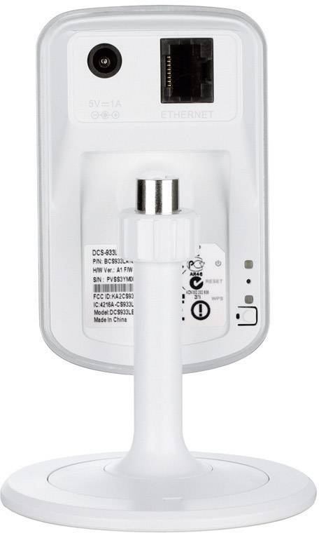Rückansicht einer weißen Überwachungskamera mit Ethernet- und Stromanschluss. Kamera auf einem stabilen Standfuß montiert.