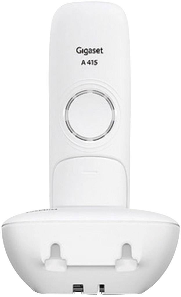 Schnurloses Gigaset A415-Telefon in Weiß, frontale Ansicht, zeigt Hörer und Basisstation ohne sichtbares Display oder Tasten.