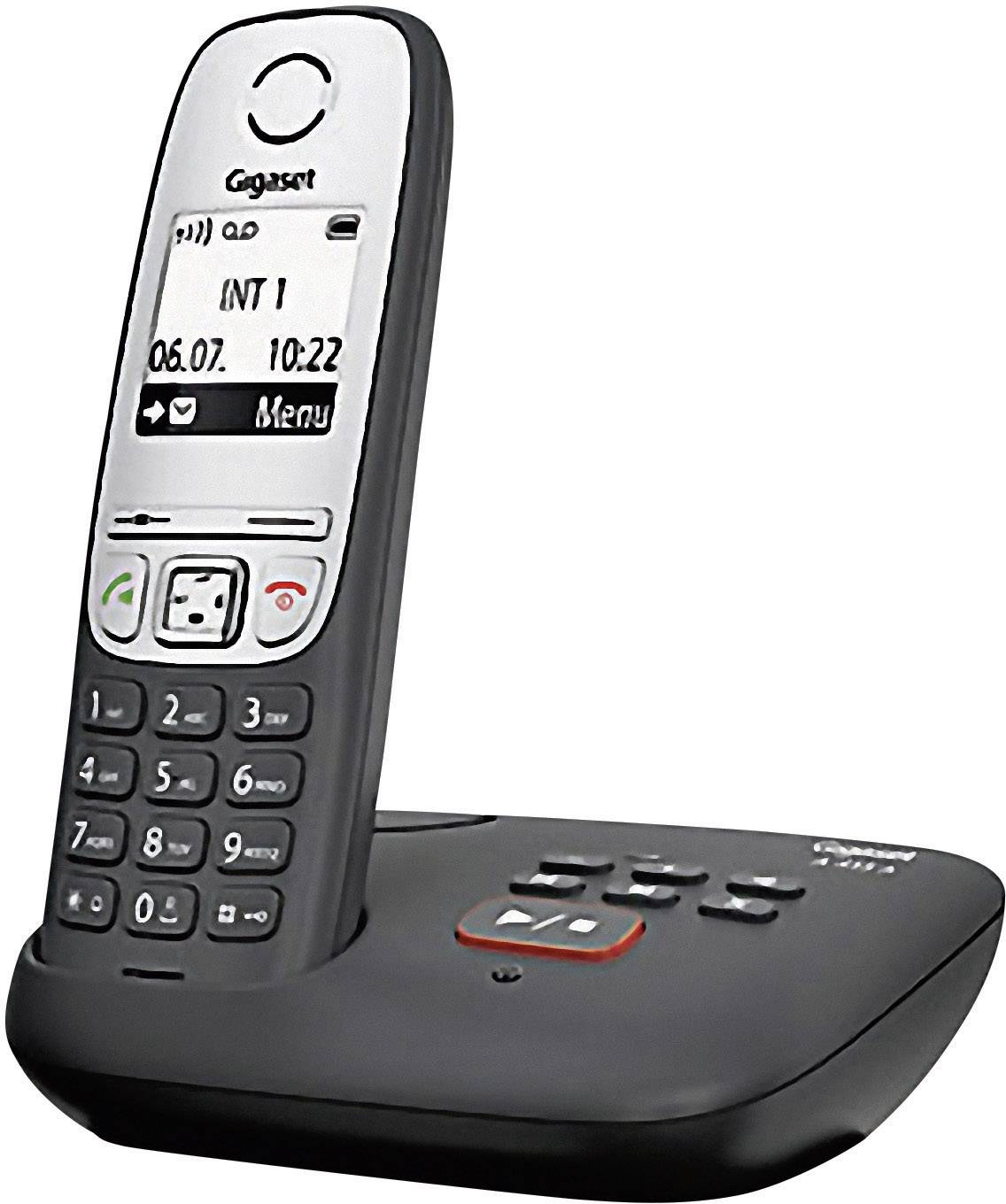 Ein schnurloses Telefon mit Basisstation. Das Display zeigt Datum und Uhrzeit. Tasten für Anrufe und Einstellungen sind sichtbar.