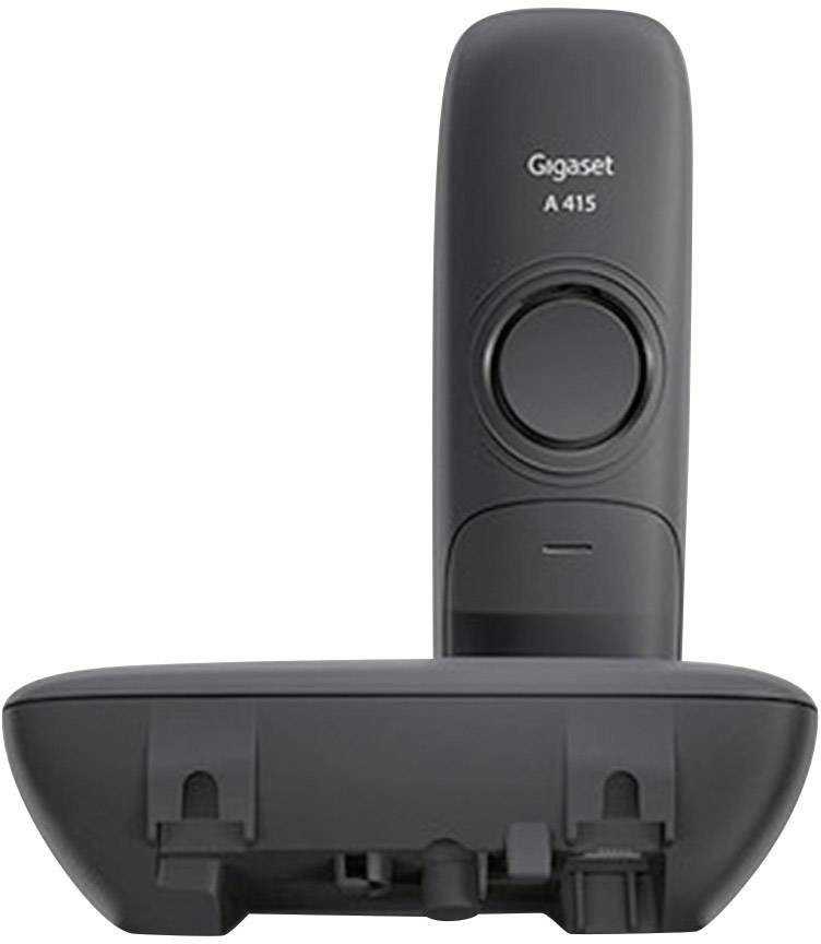 Schnurloses Gigaset-Telefon, Modell A415, in schwarz. Das Gerät zeigt eine Basisstation und ein Mobilteil, geeignet für häusliche Nutzung.