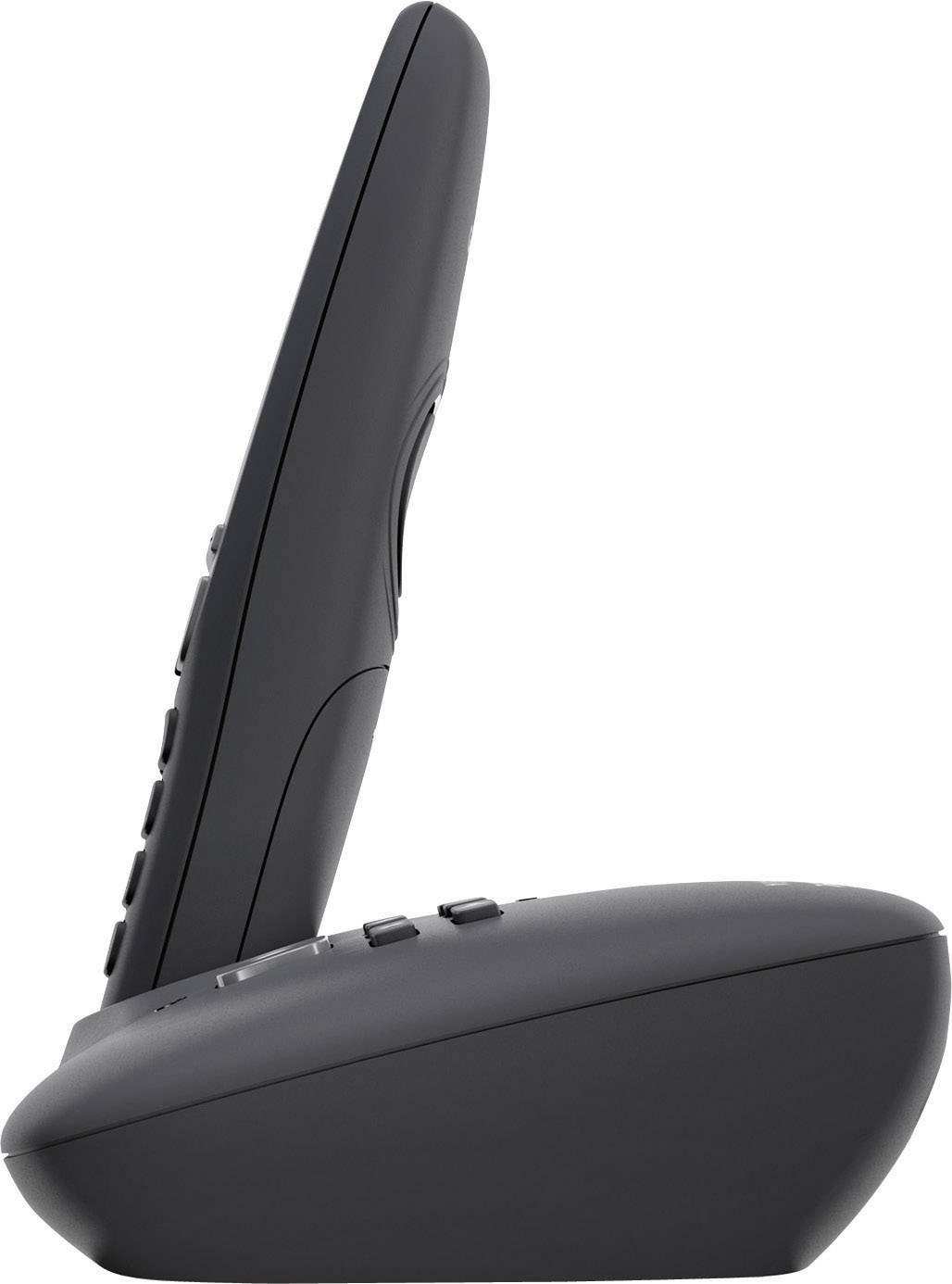 Schnurloses schwarzes Telefon auf Ladestation, seitliche Ansicht. Zeigt Tastenanordnung und glatte Oberfläche.