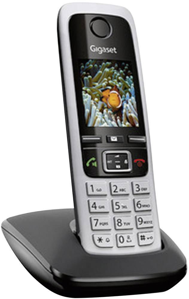 Schnurloses Telefon mit Farbdisplay auf Ladestation, zeigt Bild eines Clownfischs, Tasten für Anrufsteuerung darunter.