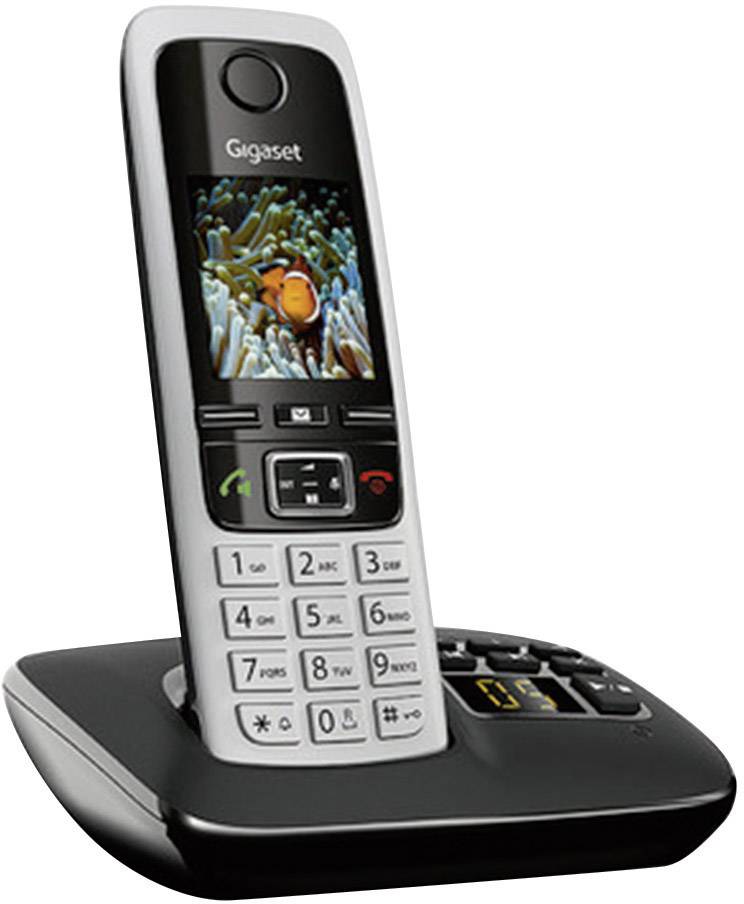 Kabelloses Festnetztelefon mit Farbdisplay, Basisstation und numerischer Tastatur.