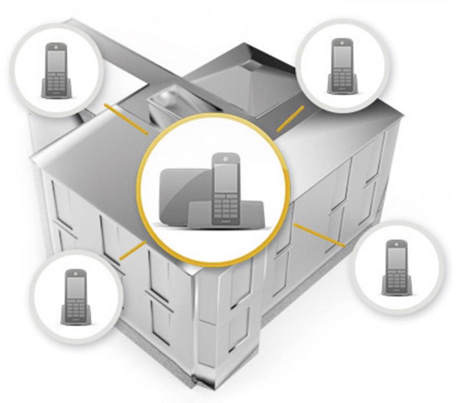 Illustration zeigt ein Gebäude mit fünf verbundenen Mobilgeräten, die Kommunikation bzw. Vernetzung im Haus symbolisieren.