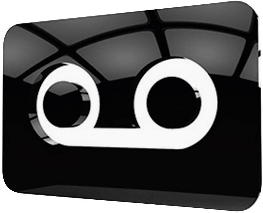 Symbol für Anrufbeantworter: ein abstraktes weißes Kassettenmotiv auf schwarzem Hintergrund, symbolisiert gespeicherte Nachrichten.