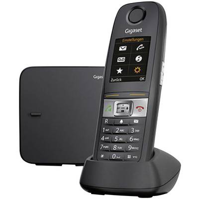 'Schnurloses Telefon Gigaset mit Basisstation. Display zeigt Menüsymbole. Tasten und Lautsprecher erkennbar. Hintergrund neutral.'