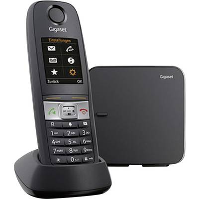 Schnurloses Telefon mit Basisstation. Das Display zeigt Menüsymbole und Text. Plastisches, modernes Design in dunklem Anthrazit.