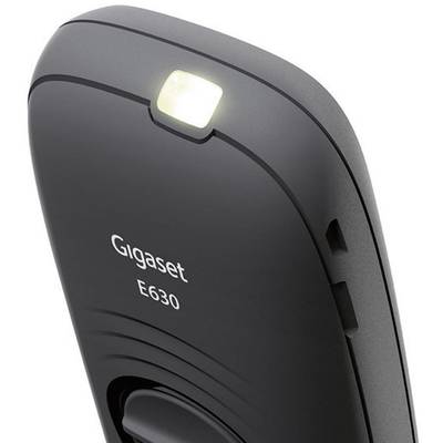 Schnurloses Telefon mit der Aufschrift 'Gigaset E630', Nahaufnahme der Rückseite, zeigt oberen Teil mit Lampe.