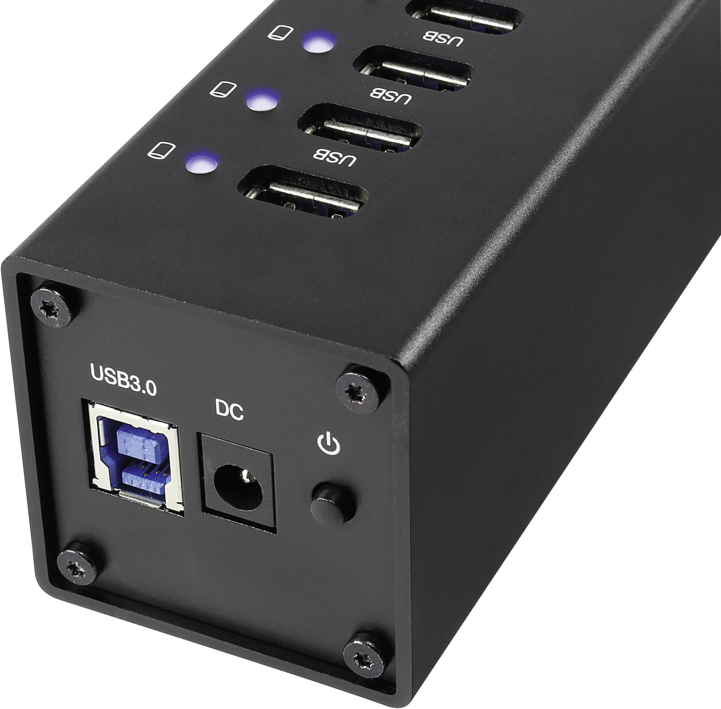 'Schwarzer USB-Hub mit vier USB-Anschlüssen, LED-Anzeigen und Anschlüssen für USB 3.0 und Stromversorgung.'