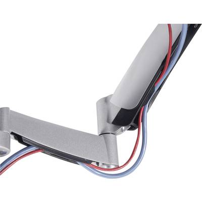 Ein silbernes mechanisches Scharnier mit rot und blau ummantelten Kabeln, montiert auf einem grauen Arm.
