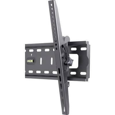 Wandhalterung aus Metall, neigbar und schwenkbar, für die Montage eines Flachbildfernsehers. Schwarz, mit mehreren Bohrungen.