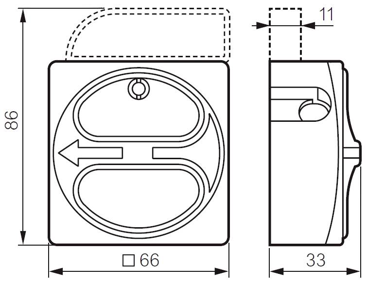 Technische Zeichnung eines rechteckigen Schalters mit Abmessungen: 86 mm hoch, 66 mm breit, 33 mm tief. Pfeil zeigt links.