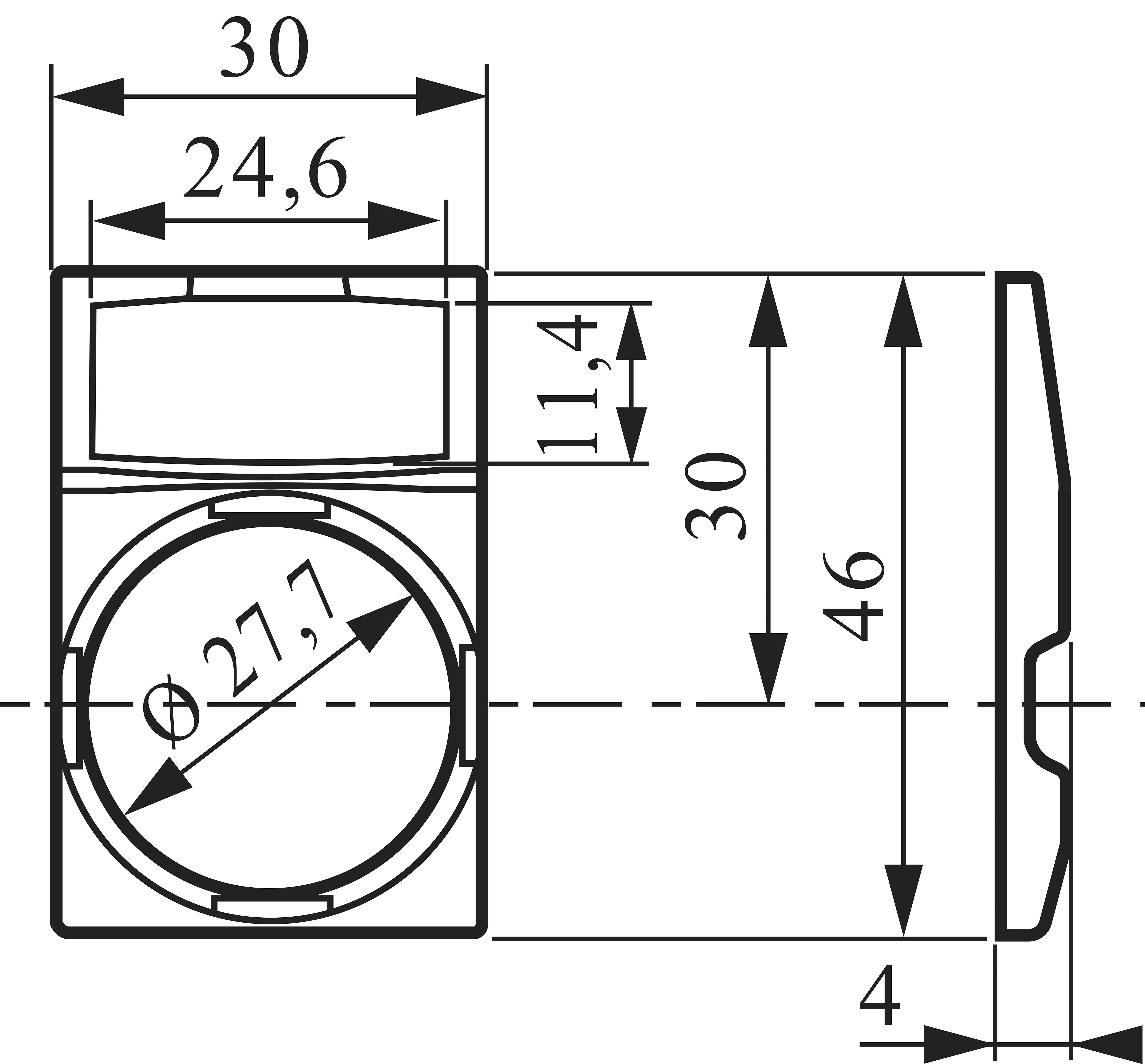 Technische Zeichnung eines Bauteils mit Abmessungen: Breite 30 mm, Höhe 46 mm, und einer kreisförmigen Öffnung mit 27,7 mm Durchmesser.