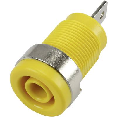Ein gelber Bananenbuchsenverbinder mit einem Metallring, typischerweise verwendet in elektrischen Geräten für sichere Verbindungen.