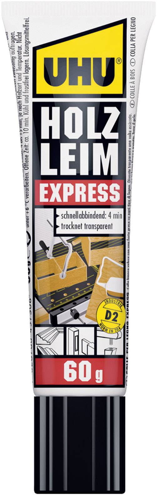 UHU Holzleim Express D2, lösemittelfrei, 60 g Standtube universeller Weißleim, höchste Bindefestigke
