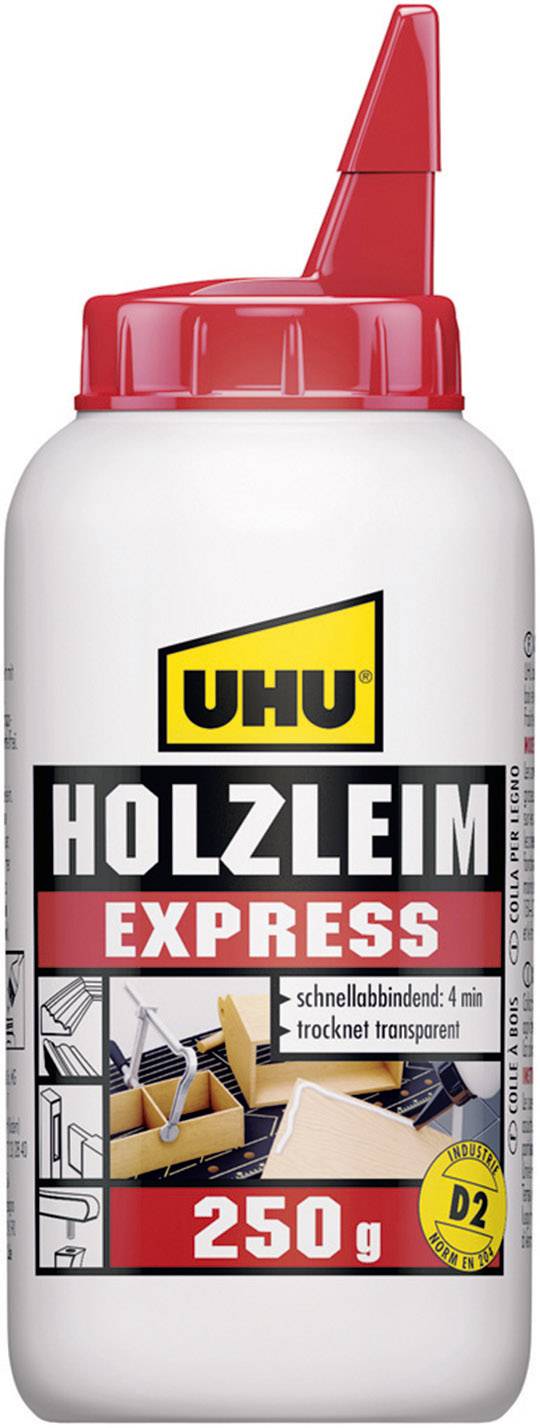 UHU Holzleim Express D2, lösemittelfrei, 250 g Flasche universeller Weißleim, höchste Bindefestigkei