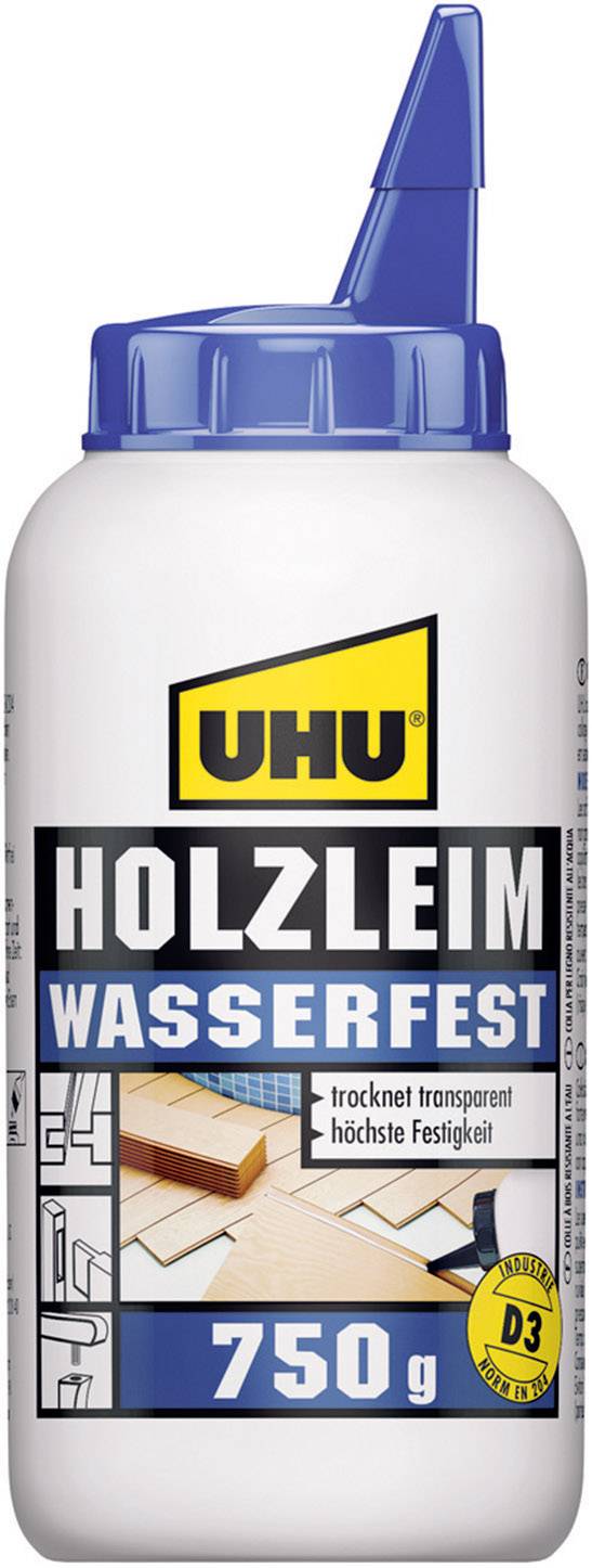 UHU Holzleim wasserfest D3, lösemittelfrei, 750 g Flasche universeller Weißleim, höchste Bindefestig