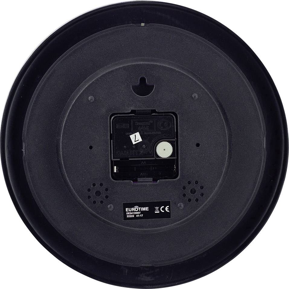 Rückseite einer Wanduhr mit Uhrwerk, Batteriefach und Eurotime-Label.