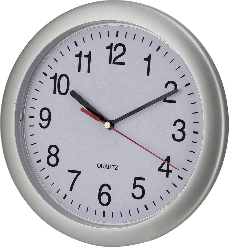 Analoge Wanduhr mit silbernem Rahmen zeigt 10:10 Uhr. Weiße Ziffern auf grauem Ziffernblatt, schwarzer Stunden- und Minutenzeiger, roter Sekundenzeiger.