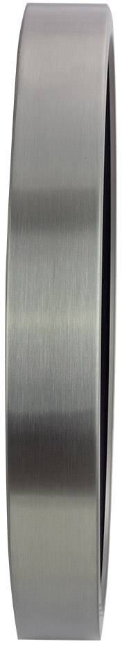 Ein silberner, gebürsteter Metallring mit einer glatten Oberfläche, dargestellt aus der Seitenansicht.