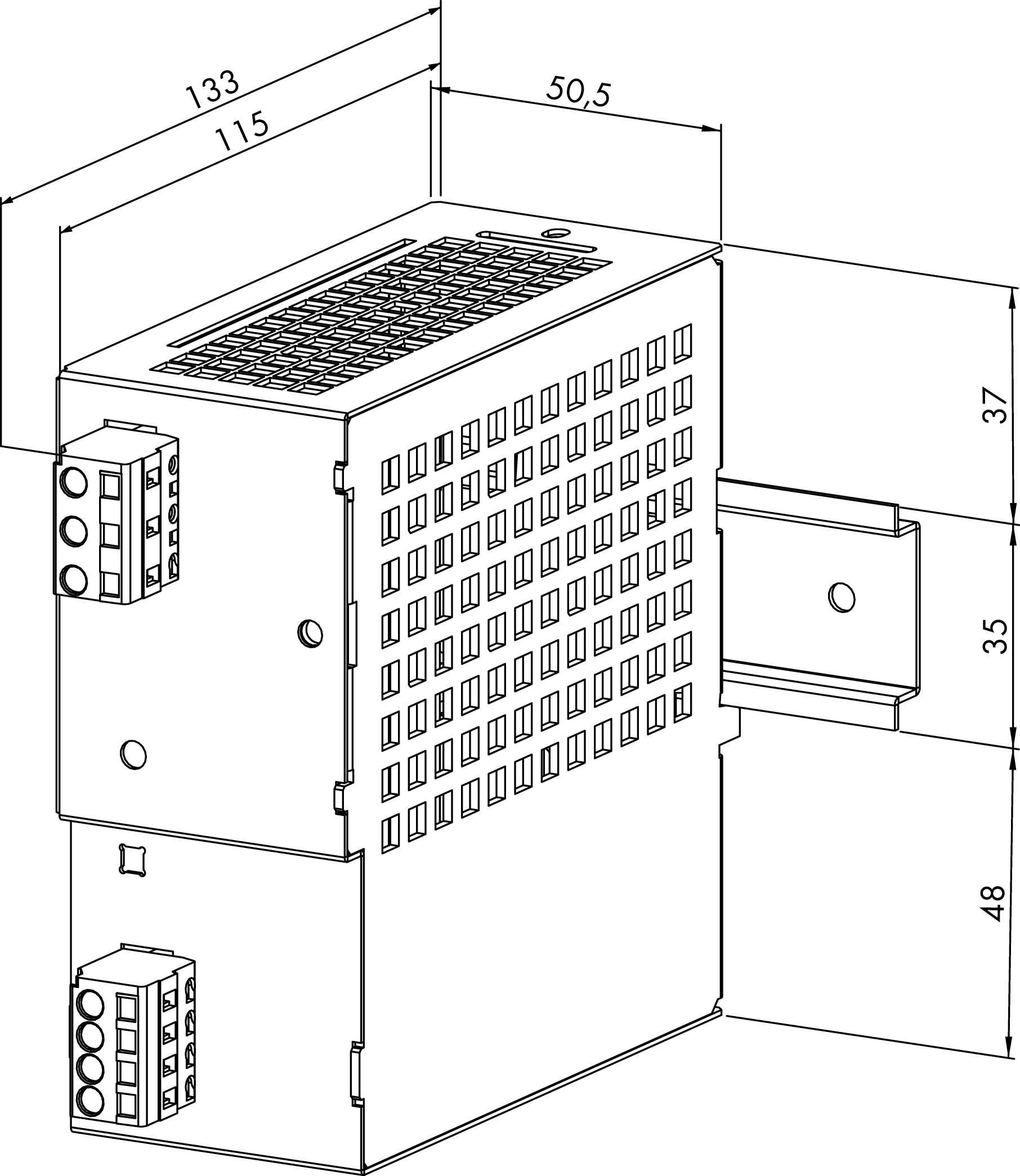 Technische Zeichnung eines elektronischen Geräts, Maße 133x115x50,5 mm. Gerät zeigt Lüftungsschlitze und Anschlüsse.