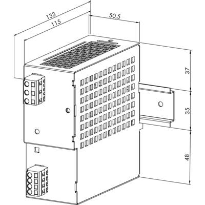Technische Zeichnung eines elektronischen Geräts, Maße 133x115x50,5 mm. Gerät zeigt Lüftungsschlitze und Anschlüsse.