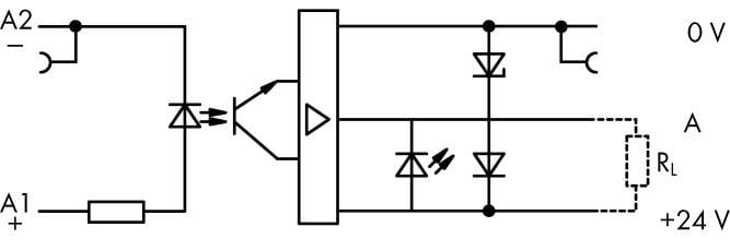 Schaltplan eines Optokopplers: Eingangsseite links mit LED und Widerstand, rechts Transistor mit Widerstand RL. Spannung: 0-24 V.