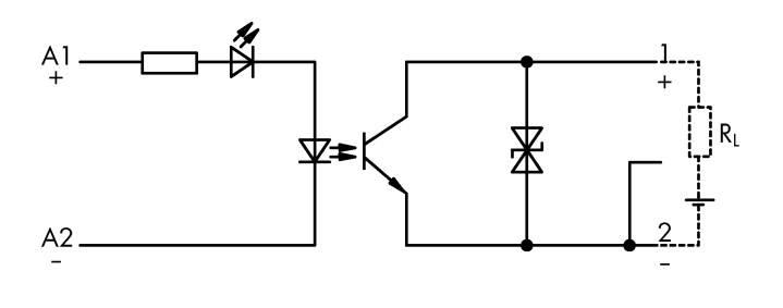 Schaltplan eines Optokopplers: LED aktiviert Fototransistor, der in Reihe mit einer Diode und Lastwiderstand (R_L) geschaltet ist.