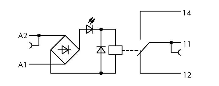 Schaltplan eines Gleichrichters mit Brückenschaltung, bestehend aus Diode, Kondensator und Schalter. Anschlüsse A1, A2, 11, 12, 14.