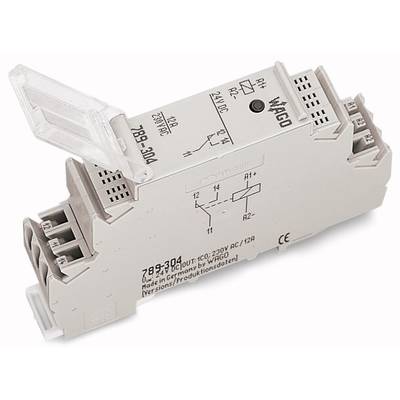 Elektrisches Bauteil von WAGO für DIN-Schienenmontage, Modell 789-304, mit technischen Spezifikationen und Anschlüssen sichtbar.