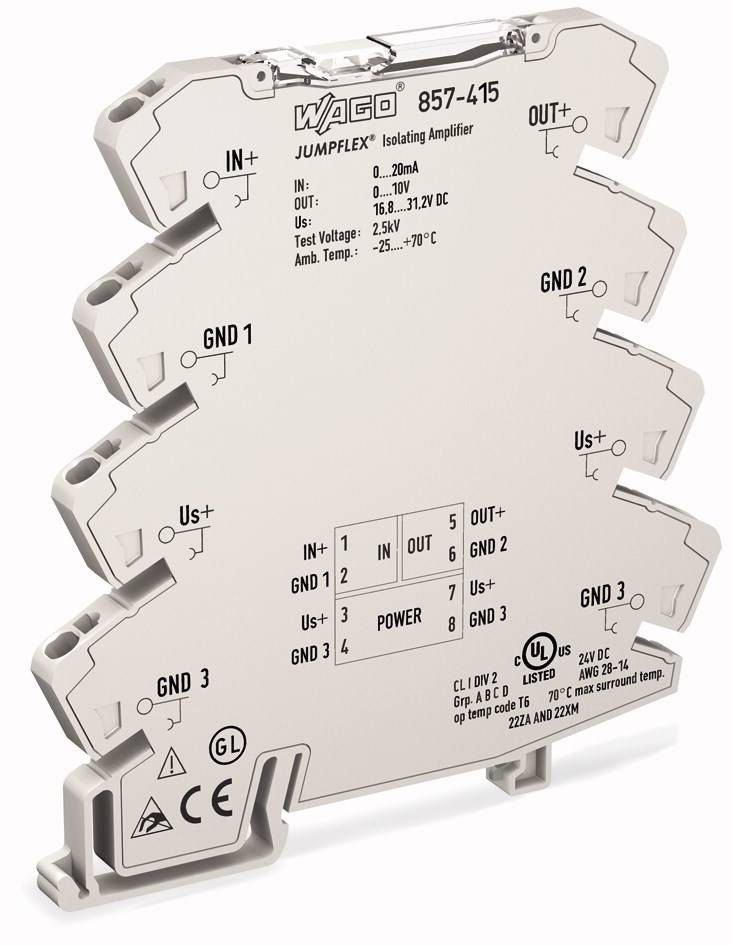 Ein WAGO JUMPFLEX 857-415 Trennverstärker zur Signalverarbeitung mit Anschlussklemmen und technischen Spezifikationen auf der Vorderseite.