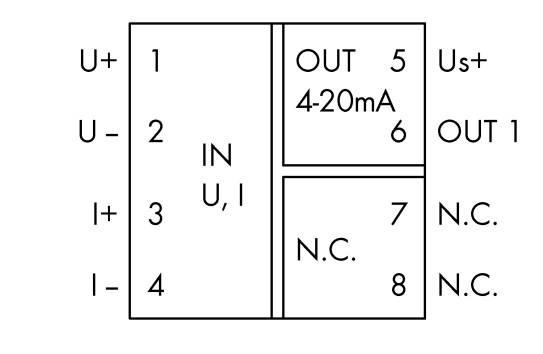 Schaltschema mit Anschlüssen: U+, U-, I+, I- (IN U, I); OUT 4-20mA (5,6); Us+, OUT 1 (7); N.C. (7,8). Verbindet elektrische Signale.