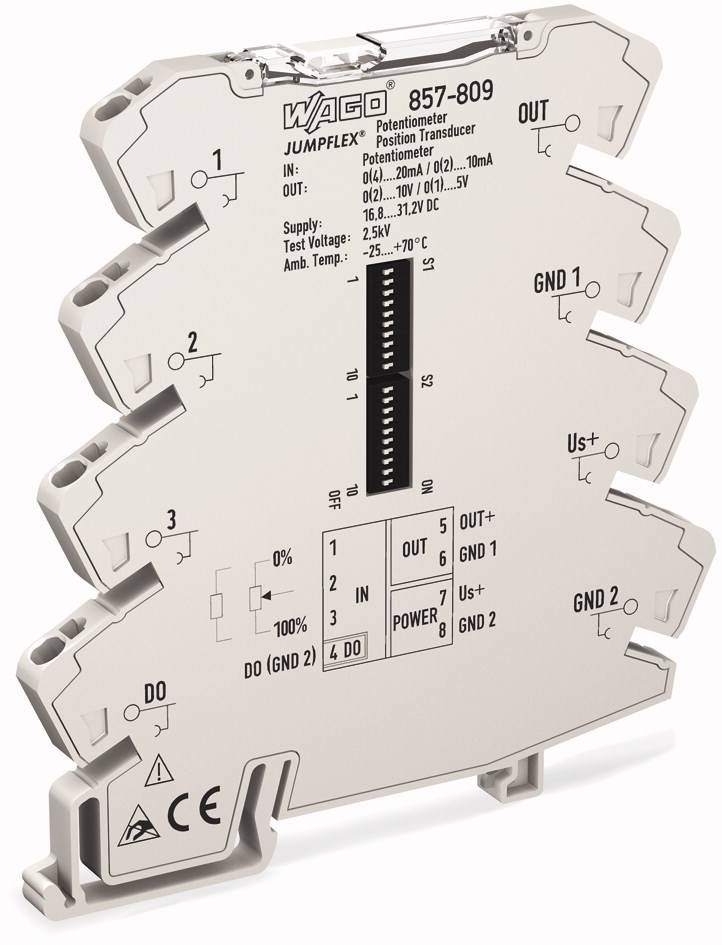 Elektronisches Gerät: Potentiometer-Positionswandler von WAGO, Modell 857-809. Anschlüsse, technische Kennwerte und Symbolik sichtbar.