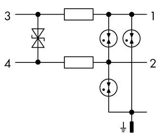 Schaltplan mit zwei Widerständen, einer Diode, zwei Stromquellen und Erdung. Verbindungen zwischen Anschlüssen 1, 2, 3 und 4.