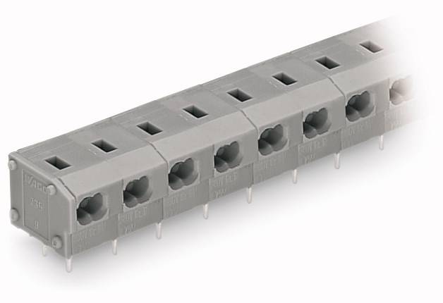 Graues, rechteckiges Steckverbindermodul mit mehreren Buchsen, für elektronische Bauteile geeignet.