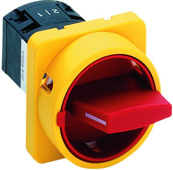 Ein roter Sicherheitsschalter mit gelbem Gehäuse, der für das Ein- und Ausschalten von Maschinen verwendet wird.