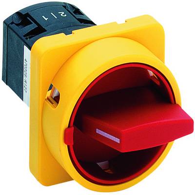 Ein roter Sicherheitsschalter mit gelbem Gehäuse, der für das Ein- und Ausschalten von Maschinen verwendet wird.