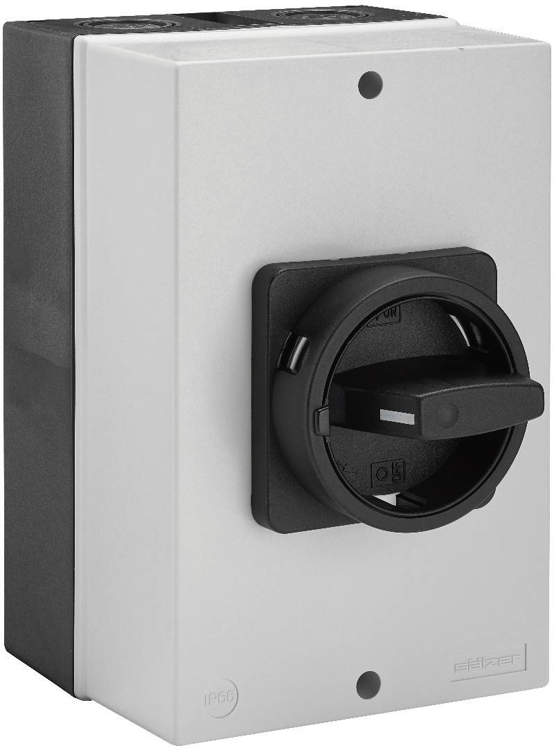 Ein weißes elektrisches Schaltgerät mit einem runden, schwarzen Drehschalter in der Mitte, montiert auf einer grauen Wand.