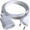 Ein weißes Netzkabel mit europäischem Stecker und Buchse, aufgerollt und bereit zur Verwendung in elektrischen Geräten.