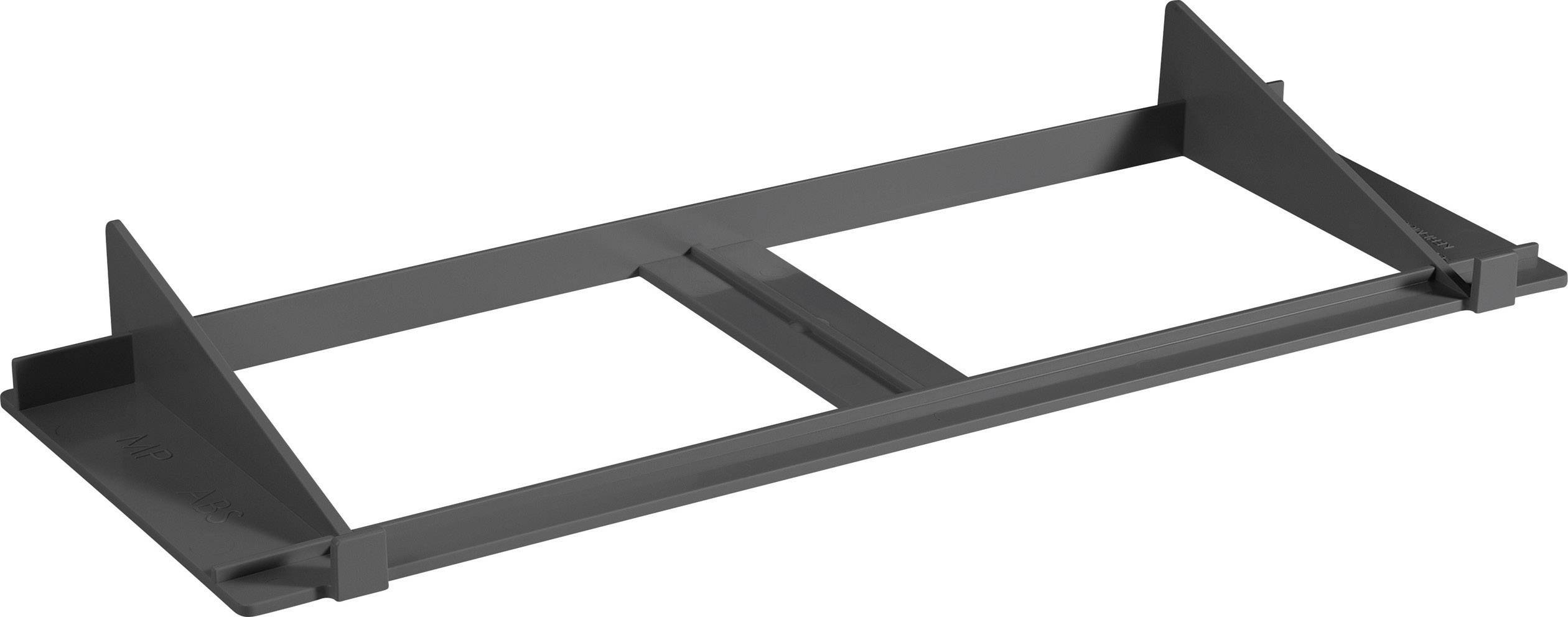 Eine schwarze Metallhalterung mit zwei parallelen Schienen und vier spitzen Ecken, möglicherweise zur Unterstützung oder Befestigung.