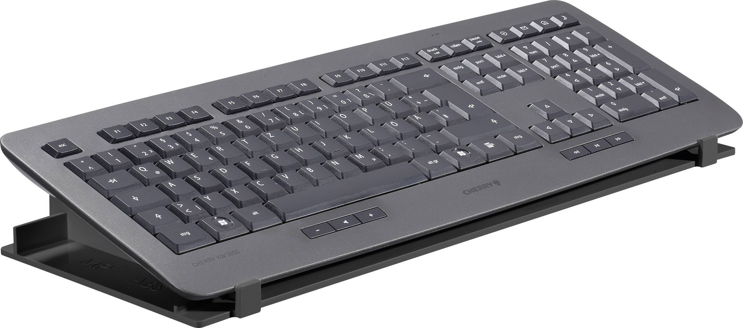 Schwarze Computertastatur mit ergonomischem Design und Multimedia-Tasten, auf einem Tisch liegend, ideal für komfortables Tippen.