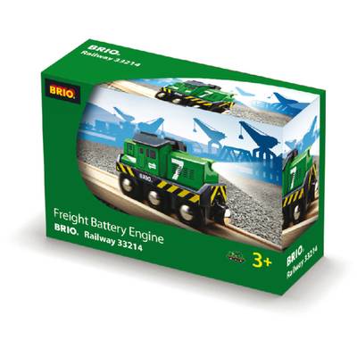 'Spielzeuglokomotive von BRIO auf der Verpackung. Grünes Design mit schwarzen Details. Empfohlen für Kinder ab 3 Jahren.'