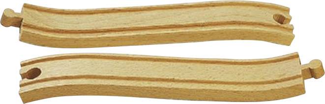 Zwei gebogene Holzschienen für eine Spielzeug-Eisenbahn.