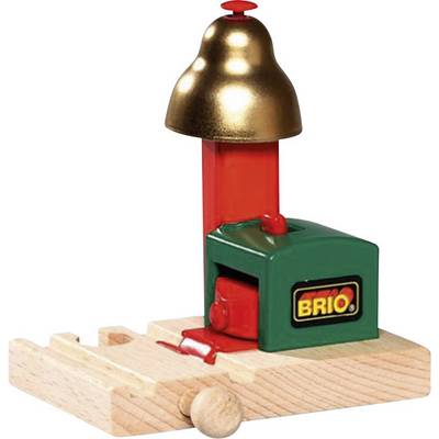 Eine Spielzeugeisenbahnglocke mit hölzerner Basis und rotem Glockenturm. Die Marke 'BRIO' ist auf der grünen Basis sichtbar.
