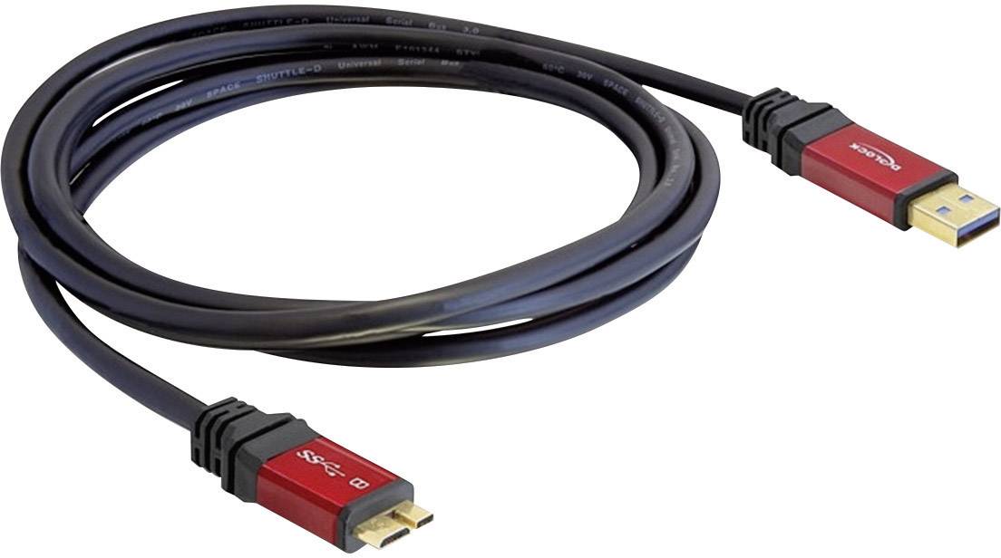 Ein schwarzes USB-Kabel mit roten Steckern an beiden Enden, das USB 3.0-fähig ist.