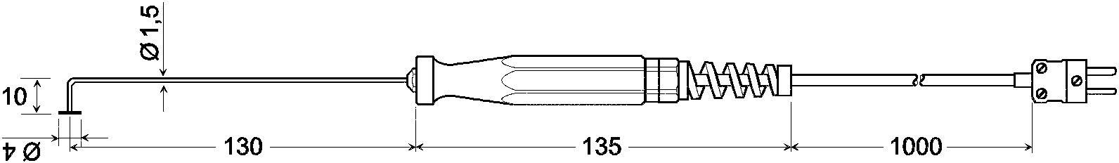 Diagramm eines Werkzeugs oder Geräts mit Abmessungen: Länge von 130 mm, 135 mm, und 1000 mm; Durchmesser von 1,5 mm and 10 mm.