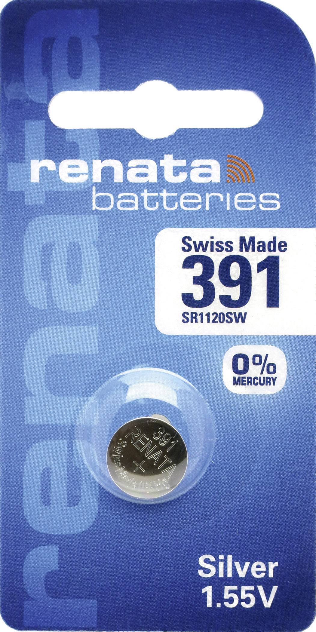 Renata Knopfzellenbatterie 391, Swiss Made, 1,55V, silber, ohne Quecksilber, auf blauem Pappkarton montiert.